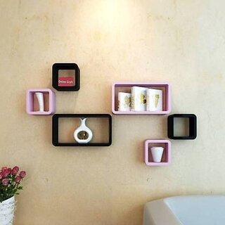                       Wooden Wall Shelf Wooden Wall Shelf (Number Of Shelves - 6, Black, Pink)                                              