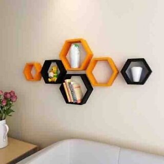                       Wooden Wall Shelf (Number Of Shelves - 6, Orange, Black)                                              