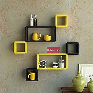                      Wooden Wall Shelf Wooden Wall Shelf (Number Of Shelves - 6, Yellow, Black)                                              