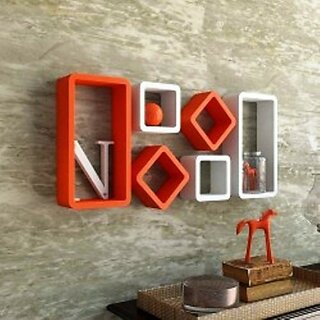                       Wooden Wall Shelf Wooden Wall Shelf (Number Of Shelves - 6, White, Orange)                                              