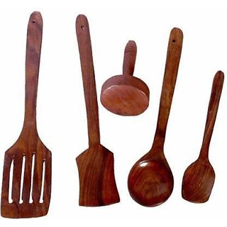                       Onlinecraft Wooden Spoon (Ch2726) Kitchen Tool Set (Natural, Ladle, Cooking Spoon, Spatula)                                              