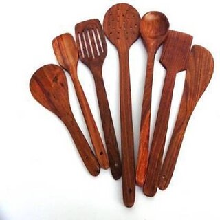                       Set of 7 Wooden Serving and Cooking Spoons Wood Brown Spoons Kitchen Utensil - C2918                                              