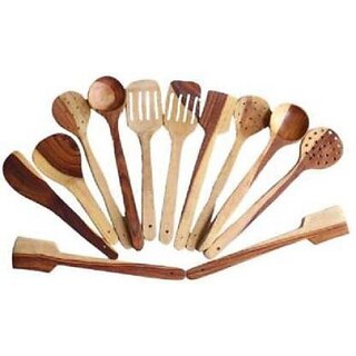                       Onlinecraft Wooden Spoon Kitchen Tool Set (Ch2786) Kitchen Tool Set (Brown, Ladle, Spatula, Skimmer)                                              