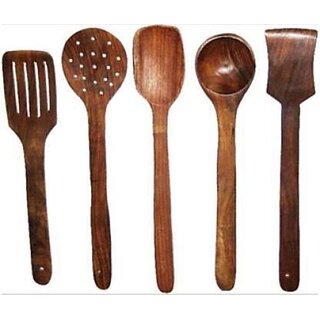                       Onlinecraft Wooden Spoon (Ch2768) Kitchen Tool Set (Natural Brown, Ladle, Skimmer, Strainer, Cooking Spoon, Spatula)                                              
