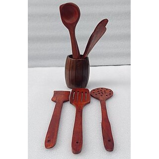                       Onlinecraft Ch3127 Spoon Stand Kitchen Tool Set (Brown, Cooking Spoon, Spatula)                                              