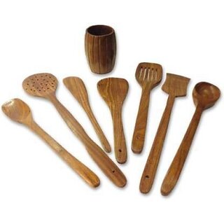                       Onlinecraft Wooden Spoon (Ch2731) Kitchen Tool Set (Ladle, Skimmer, Spatula)                                              