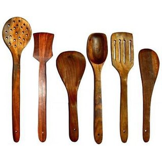                       Onlinecraft Wooden Spoon Kitchen Tool Set (Ch2790) Kitchen Tool Set (Natural Brown, Ladle, Spatula, Skimmer)                                              