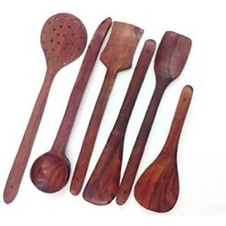                       Onlinecraft Wooden Spoon (Ch2771) Kitchen Tool Set (Natural Brown, Ladle, Spatula, Cooking Spoon)                                              