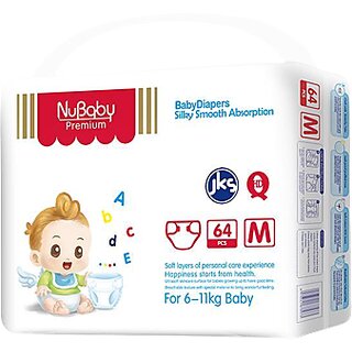Nubaby Premium  Baby Diapers,Medium (M), 64 Count, 6-11 kg With 5 in 1 Comfort,Diaper