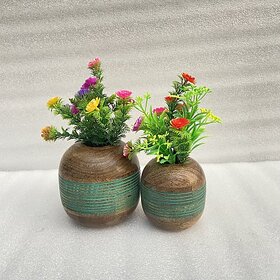 ( G7901 ) Wooden Flower Pot Stand Wooden Vase (6 Inch, Green, Brown)