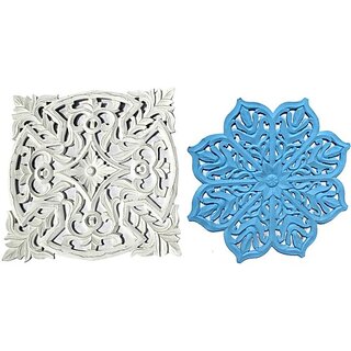                       Onlinecrafts Wooden Wall Art Pack Of 2 (24 Inch X 24 Inch, White, Blue)                                              