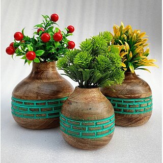 Wooden Vase (6 Inch, Green, Brown)