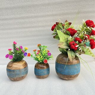                       ( D7902 ) Wooden Flower Pot Stand Wooden Vase (6 Inch, Blue, Brown)                                              