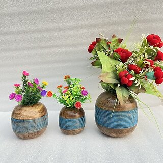 ( D7902 ) Wooden Flower Pot Stand Wooden Vase (6 Inch, Blue, Brown)
