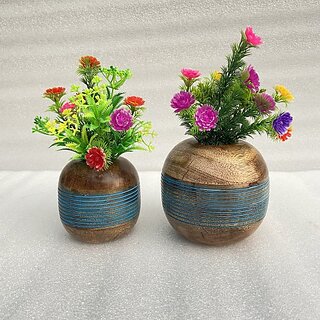 ( B7902 ) Wooden Flower Pot Stand Wooden Vase (6 Inch, Blue, Brown)