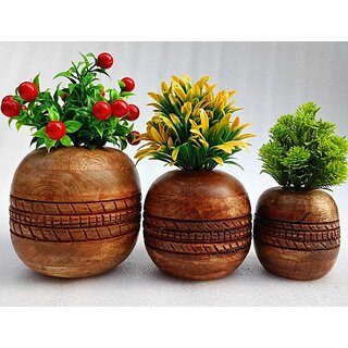 Wooden Flower Pot Gola Brown Color Wooden Vase (6 Inch, Brown)