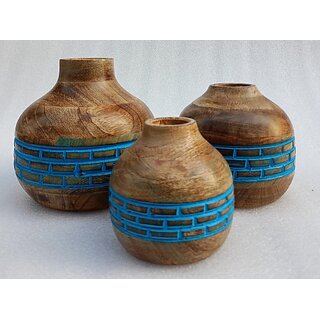 Wooden Corner Table Decor Wooden Vase (6 Inch, Blue)