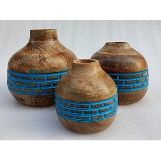                       Wooden Corner Table Decor Wooden Vase (6 Inch, Blue)                                              