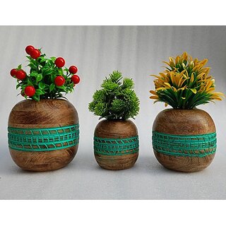                       Wooden Flower Pot Gola Brown Color Wooden Vase (6 Inch, Green)                                              
