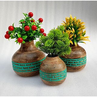                       Onlinecraft Wooden Corner Table Decor Wooden Vase (6 Inch, Green)                                              