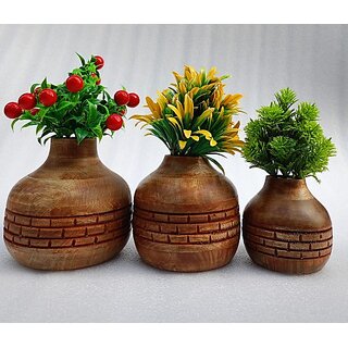                       Onlinecraft Wooden Corner Table Decor Wooden Vase (6 Inch, Brown)                                              