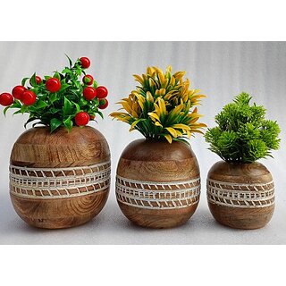                       Onlinecraft Wooden Flower Pot Gola Brown Color Wooden Vase (10 Inch, Brown, White, Green)                                              