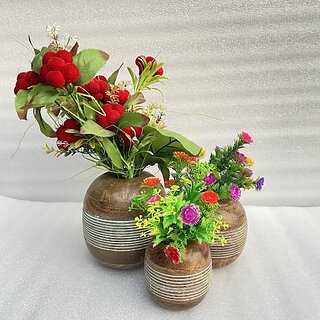                       Onlinecraft Mango Wooden Flower Pot Set Of 3 Pc Big 6 ,Medium 5 , Small 4 Inch Height Wooden Vase (6 Inch, White, Brown)                                              