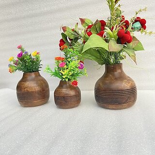                       Onlinecraft Mango Wooden Flower Pot Set Of 3 Pc Big 6 ,Medium 5 , Small 4 Inch Height Wooden Vase (6 Inch, Brown, Brown)                                              