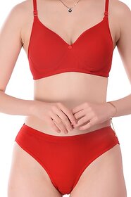 Jomferry Bra and Panty Set Self Design Red Lingerie Set