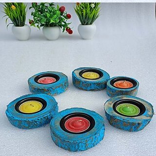                       E3099 Wooden 1 - Cup Tealight Holder Set (Blue, Pack Of 1)                                              