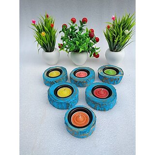                       G3099 Wooden 1 - Cup Tealight Holder Set (Blue, Pack Of 1)                                              