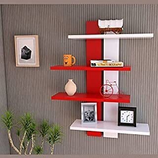                       Double Patti ( Red , White ) Wooden Wall Shelf (Number Of Shelves - 4, Red, White)                                              