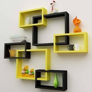 (C2715) Wooden Wall Shelf Wooden Wall Shelf (Number Of Shelves - 6, Yellow, Black) (C2715) Wooden Wall Shelf Wooden Wall Shelf (Number Of Shelves - 6, Yellow, Black)