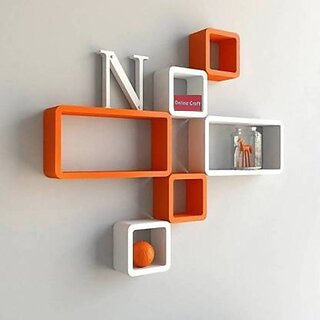                       Wooden Wall Shelf Wooden Wall Shelf (Number Of Shelves - 6, White, Orange)                                              
