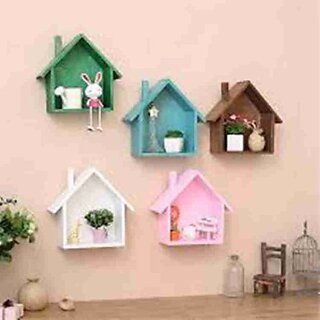                       Wooden Hut Wooden Wall Shelf (Number Of Shelves - 1, Green, Brown, White, Pink, Green)                                              