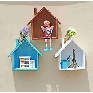                       Wooden Wall Shelf (Number Of Shelves - 1, Brown, Blue, White)                                              