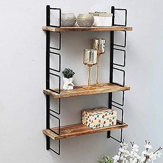                       Wooden Wall Shelf (Number Of Shelves - 3, Black, Brown)                                              