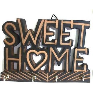                       Onlinecrafts Decorative Wooden Wall Key Holder Sweet Home Wood Key Holder (4 Hooks)                                              