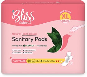 BLISSNATURAL Organic Sanitary Pads For Women  Jumbo Pack  Size - XL  Pack Of 36 Pads