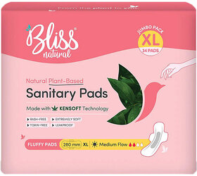 BLISSNATURAL Organic Sanitary Pads For Women  Jumbo Pack  Size - XL  Pack Of 36 Pads