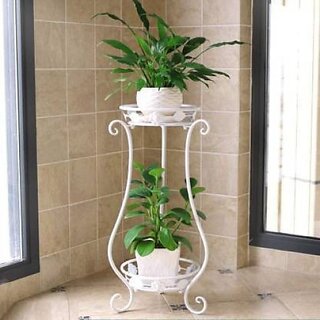 Onlinecraft Iron Plant Stand White 2 Pot Stand Plant Container Set (Metal)