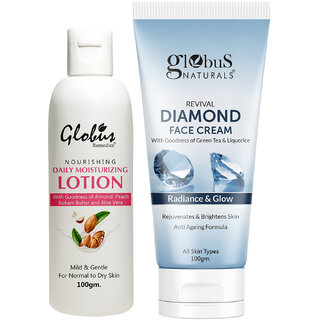                       Globus Naturals Velvet Glow Body Care Combo - Daily Moisturzing Body Lotion & Diamond Face Cream                                              