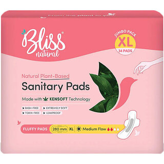 BLISSNATURAL Organic Sanitary Pads For Women  Jumbo Pack  Size - XL  Pack Of 36 Pads