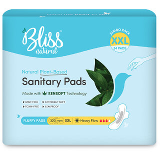 BLISSNATURAL Organic Sanitary Pads For Women  Jumbo Pack  Size - XXL  Pack Of 30 Pads