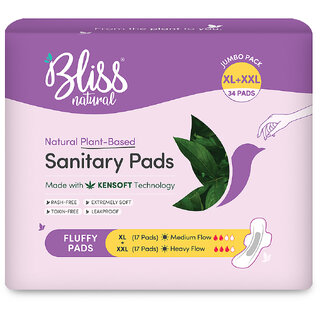Bliss Natural Organic Sanitary Pads For Women  Jumbo Mix pack  Size - XL,XXL  Pack Of 32 Pads
