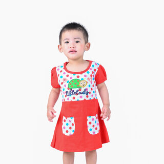                       Kid Kupboard Cotton Baby Girls A-Line Frock, Red, Short Sleeves, Crew Neck, 3-4 Years KIDS5629                                              