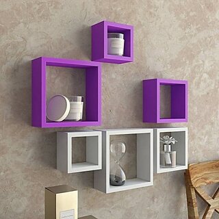                       Onlinecrafts Wooden Wall Shelf (Number Of Shelves - 6, White, Purple)                                              