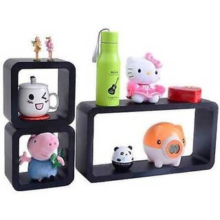                       Onlinecraft Wooden Wall Shelf (Number Of Shelves - 3, Black)                                              
