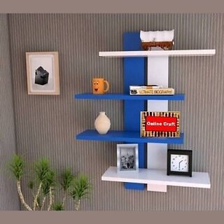                       Onlinecraft Double Patti For Shelf Blue White Wooden Wall Shelf (Number Of Shelves - 4, Blue, White)                                              