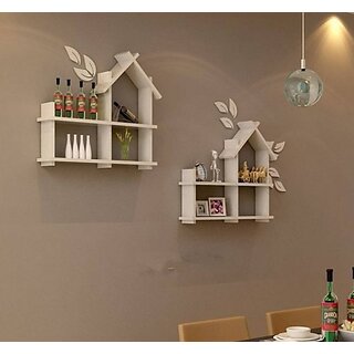                       Onlinecrafts Wooden Wall Hut ( White ) Double Wooden Wall Shelf (Number Of Shelves - 8, White)                                              